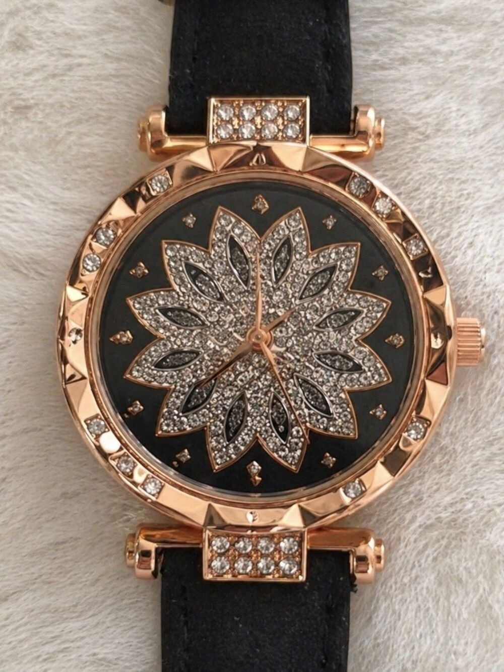 Women Rose Gold Floral Crystal Dial Watch Black Strap- Battery Included